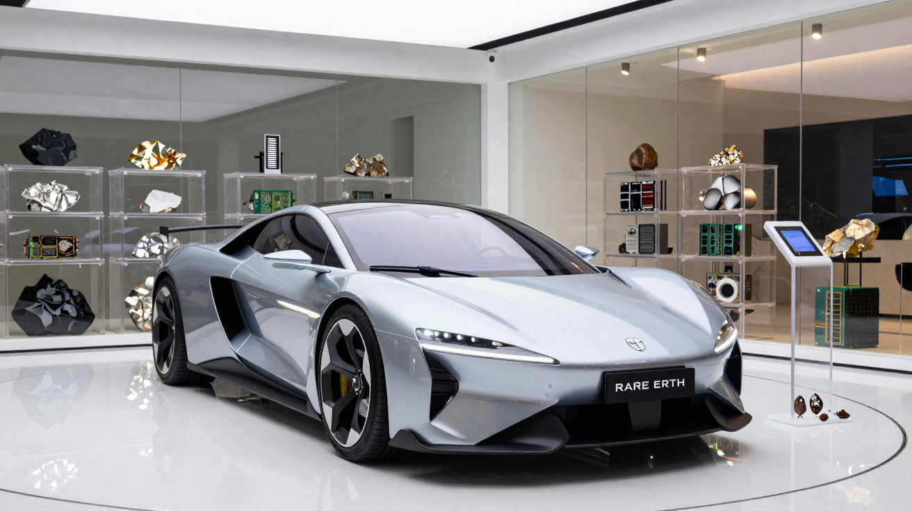 Carro esportivo prateado Rare Erth em exposição em ambiente moderno com rochas minerais ao fundo.