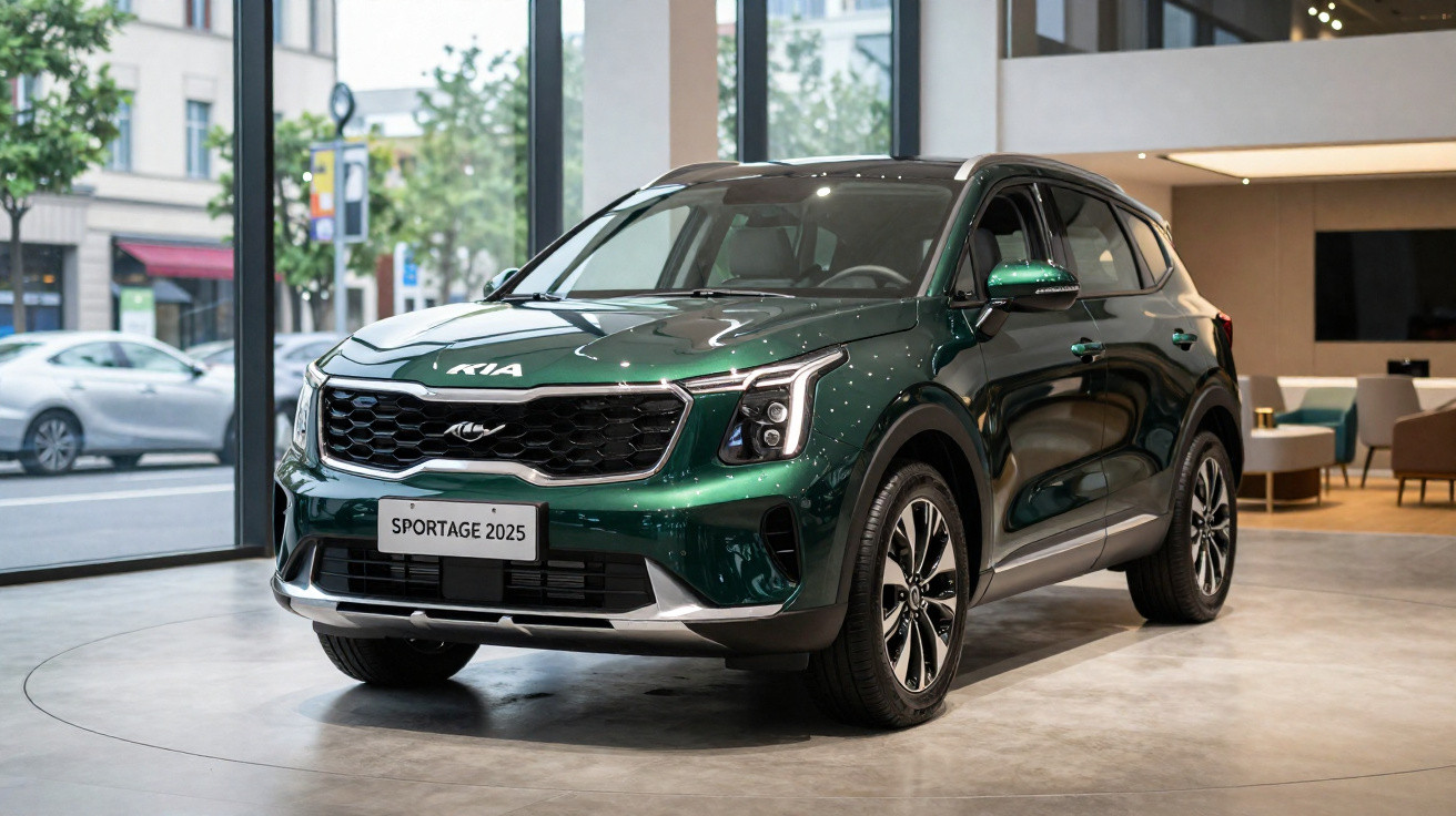Carro SUV Kia Sportage 2025 verde em exposição em showroom moderno.