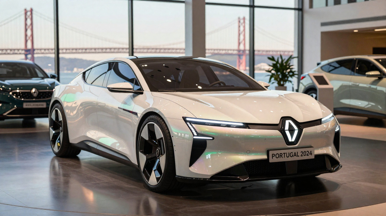 Carro elétrico branco Renault em exposição com placa Portugal 2024 em showroom moderno.