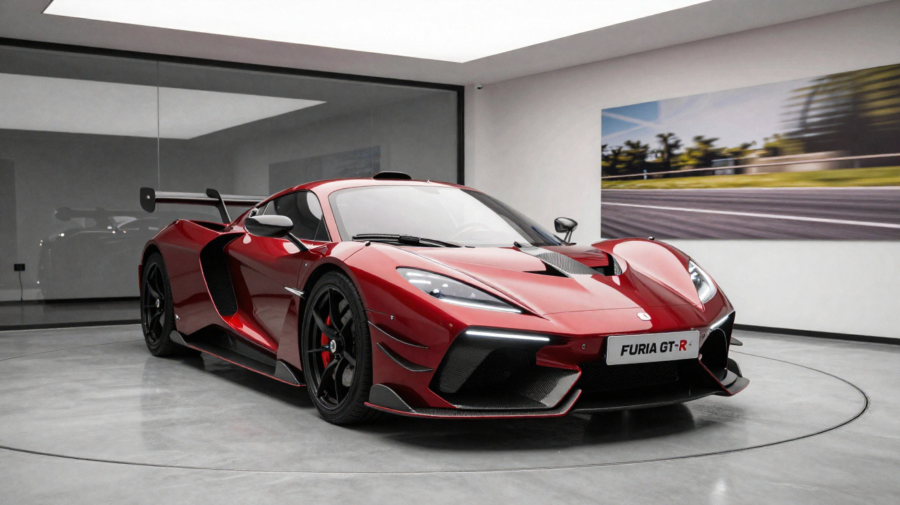 Carro esportivo vermelho Furia GT-R em exposição dentro de galeria moderna e minimalista.