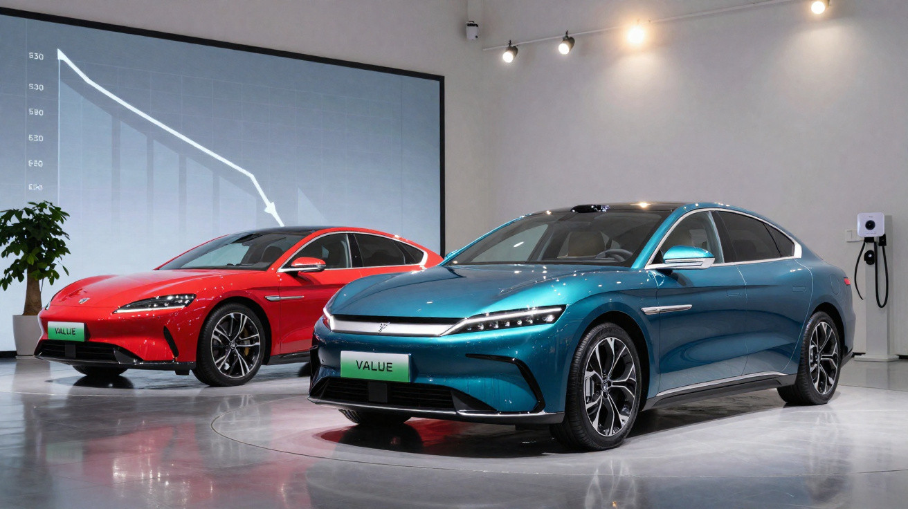 Dois carros elétricos modernos em exposição, um vermelho e outro azul, com gráfico de queda ao fundo.