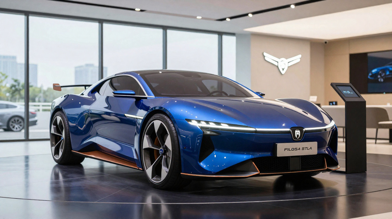 Carro esportivo elétrico azul Filosa Stla exibido em showroom moderno com iluminação indireta.