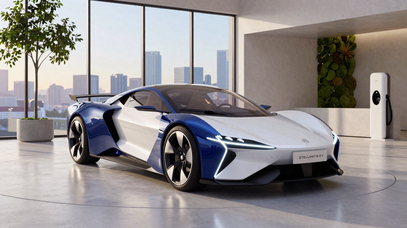 Carro esportivo elétrico azul e branco Stellantis EV em showroom moderno com paredes de vidro e estação de recarga.