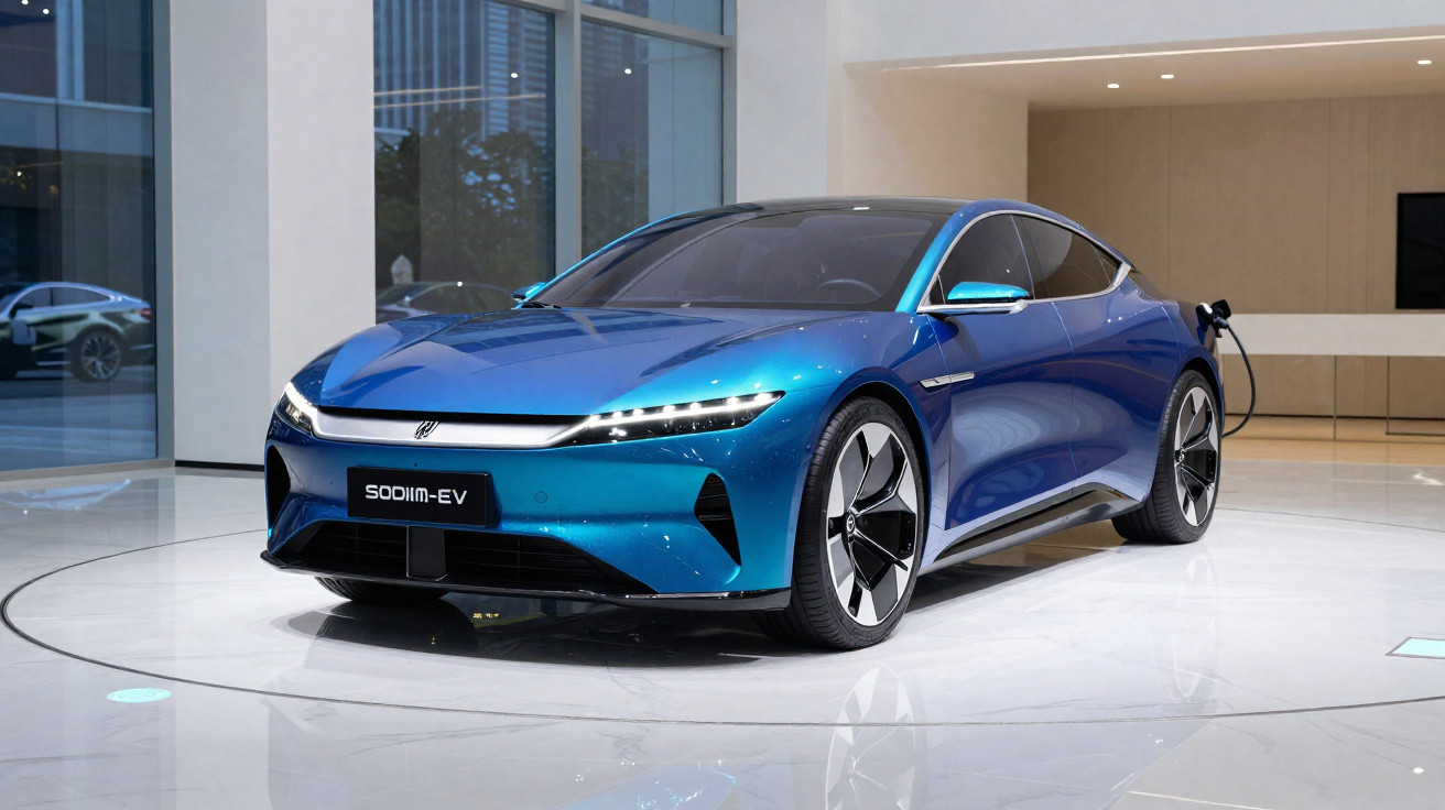 Carro elétrico azul futurista modelo SODIM-EV em exibição dentro de showroom moderno.