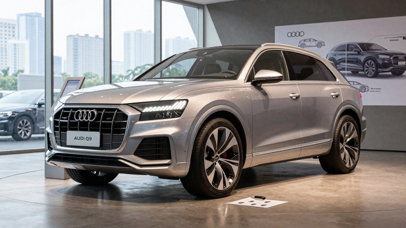 Carro SUV Audi Q9 prata exposto em showroom moderno com iluminação natural e decoração minimalista.