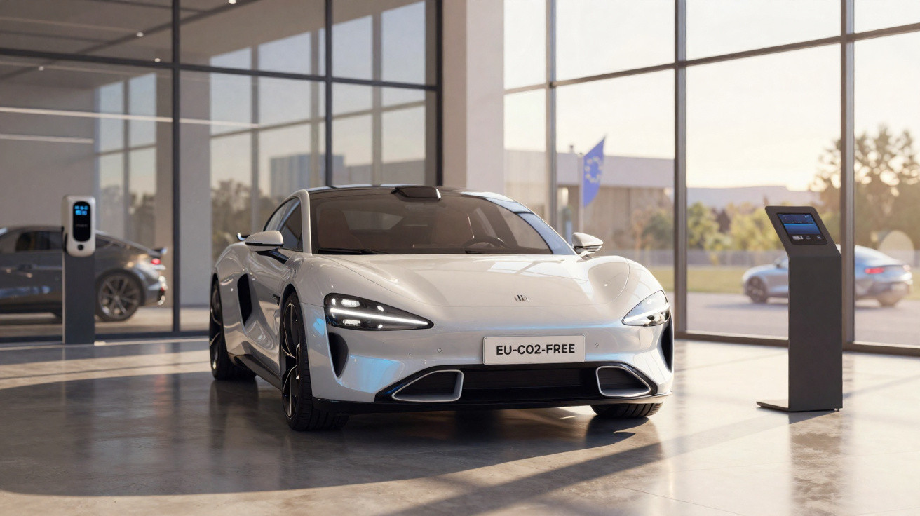Carro elétrico branco moderno em showroom com estação de carregamento e painéis de vidro ao fundo.