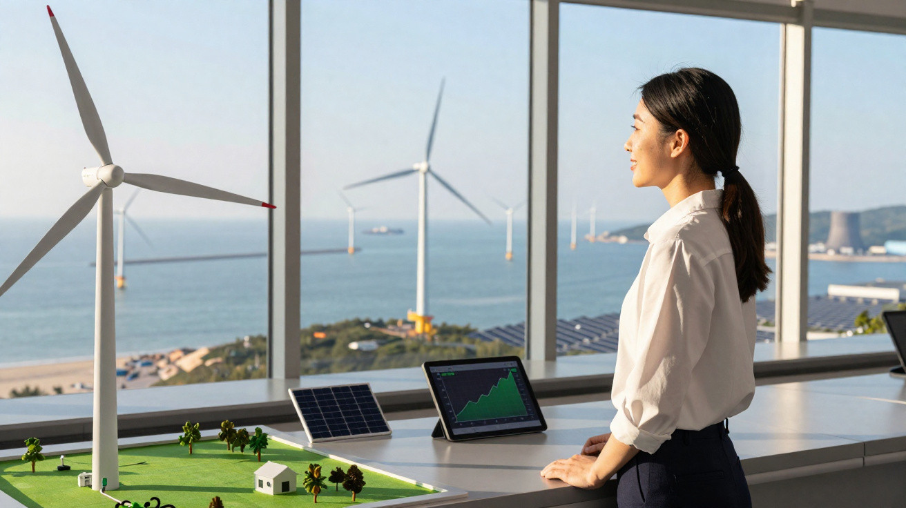 Mulher observa maquete de parque eólico e gráfico de energia em tablet com turbinas ao fundo.