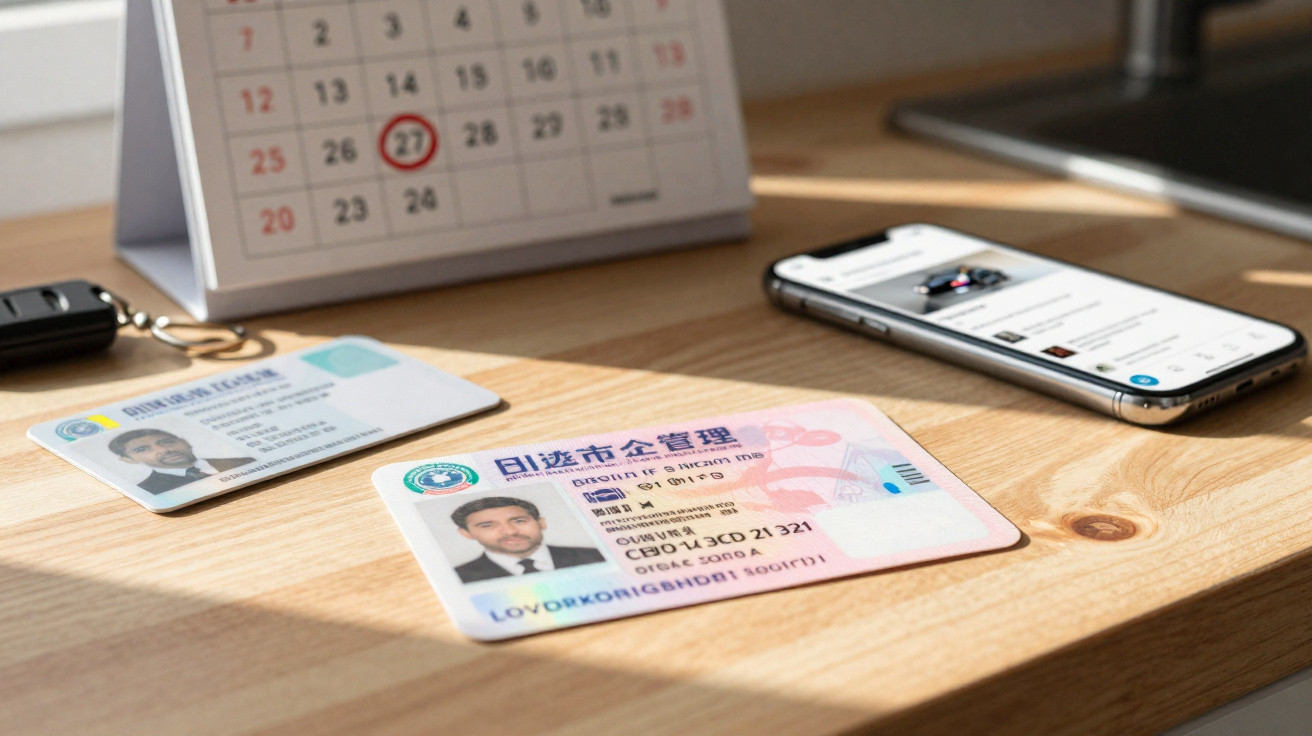 Carteiras de identificação sobre mesa de madeira com calendário e celular ao fundo.