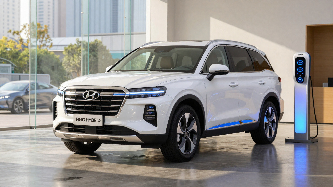 SUV branco Hyundai HMG Hybrid estacionado ao lado de estação de recarga elétrica interna.