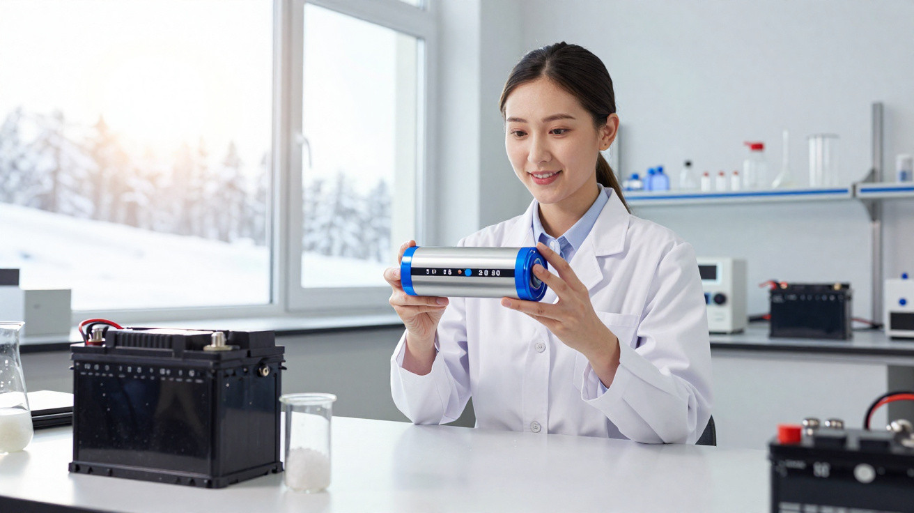 Cientista de jaleco branco analisando bateria azul em laboratório com equipamentos ao redor e neve na janela.
