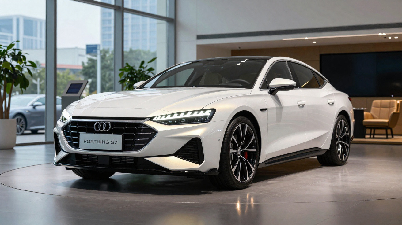 Carro branco esportivo Audi Forthing S7 exibido em showroom moderno com iluminação suave.