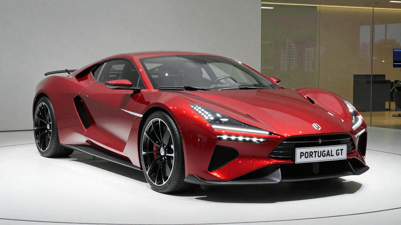 Carro esportivo vermelho Portugal GT em exposição, com design moderno e rodas pretas.
