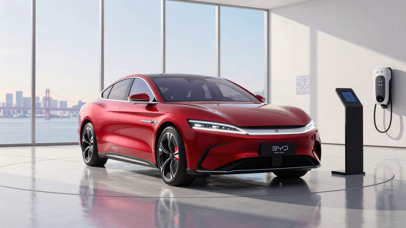 Carro elétrico vermelho estacionado em showroom moderno com carregador elétrico na parede.
