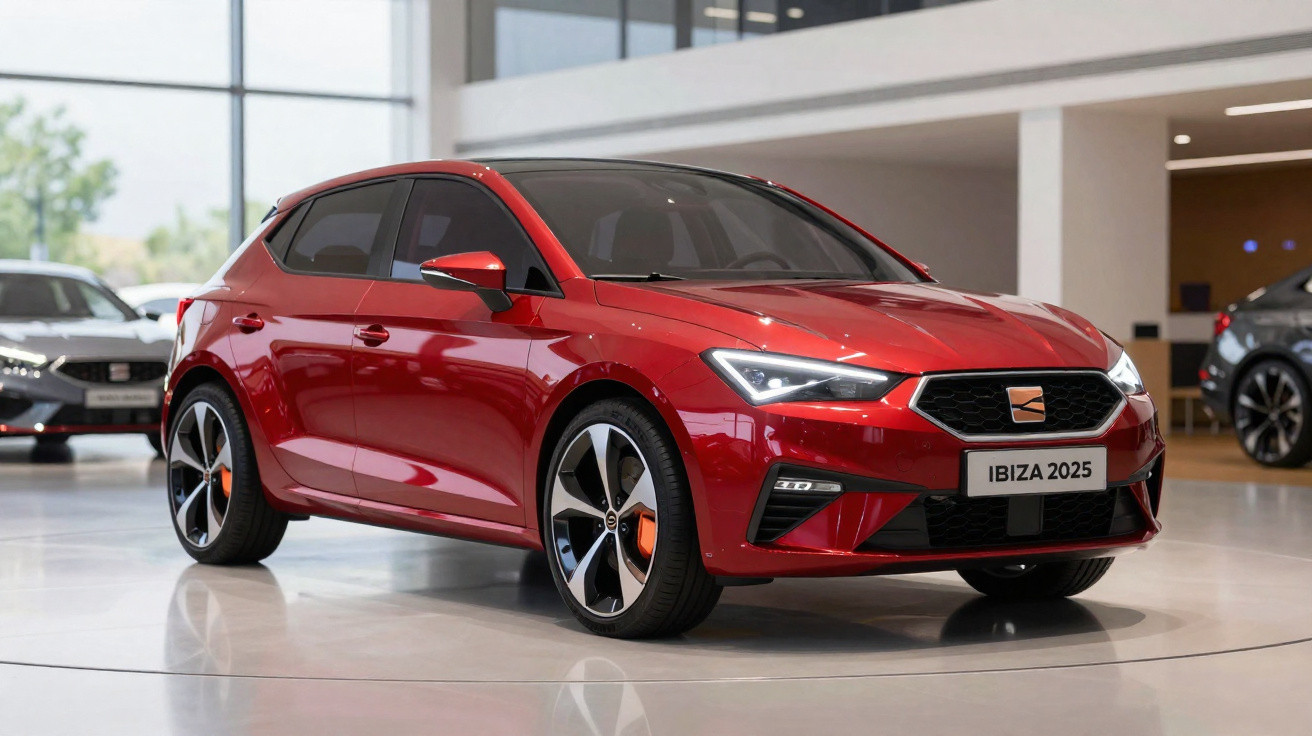 Carro vermelho Seat Ibiza 2025 em exposição interna, com design moderno e rodas esportivas.