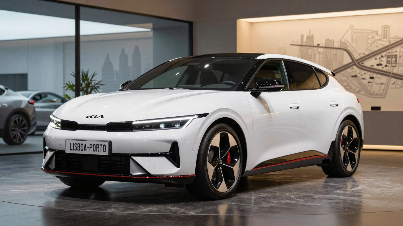Carro elétrico branco Kia EV6 estacionado em showroom moderno com luzes internas e rodas esportivas.