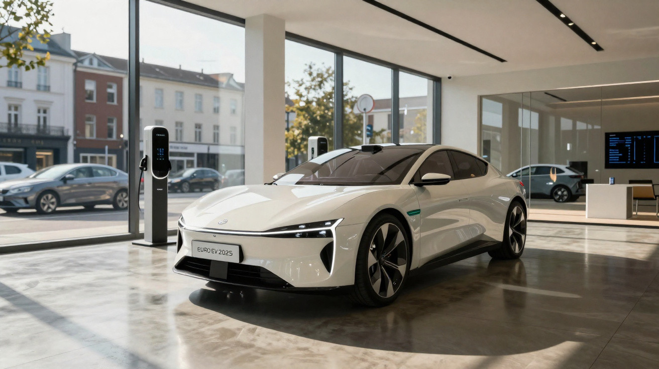 Carro elétrico branco moderno em showroom com estações de recarga e janelas amplas exibindo rua urbana.