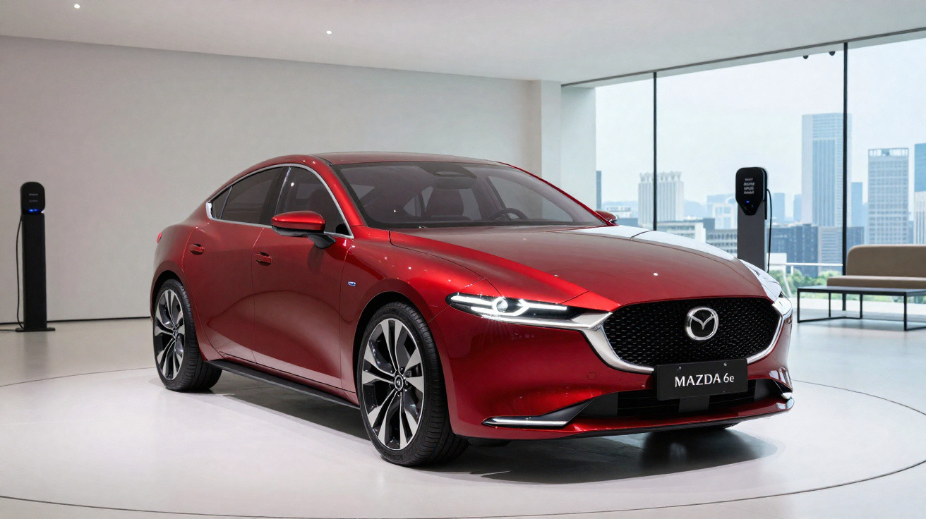 Carro esportivo vermelho Mazda 6e em exposição interna com cidade ao fundo e estação de recarga elétrica.