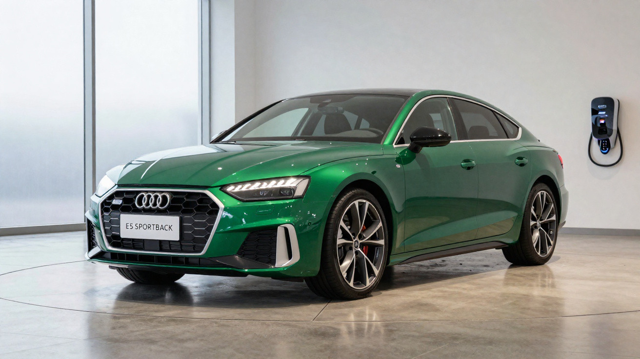Carro elétrico Audi ES Sportback verde em sala com estação de recarga na parede branca.