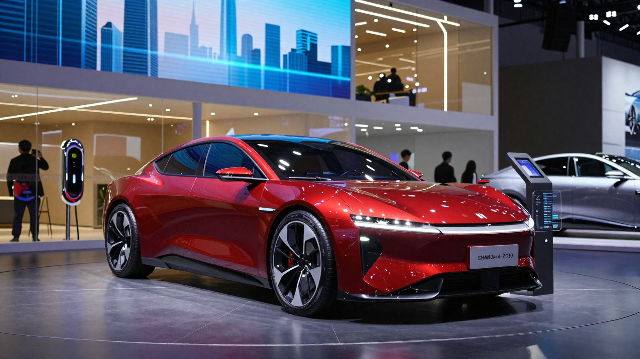 Carro elétrico esportivo vermelho exposto em salão automotivo com iluminação moderna e pessoas ao fundo.