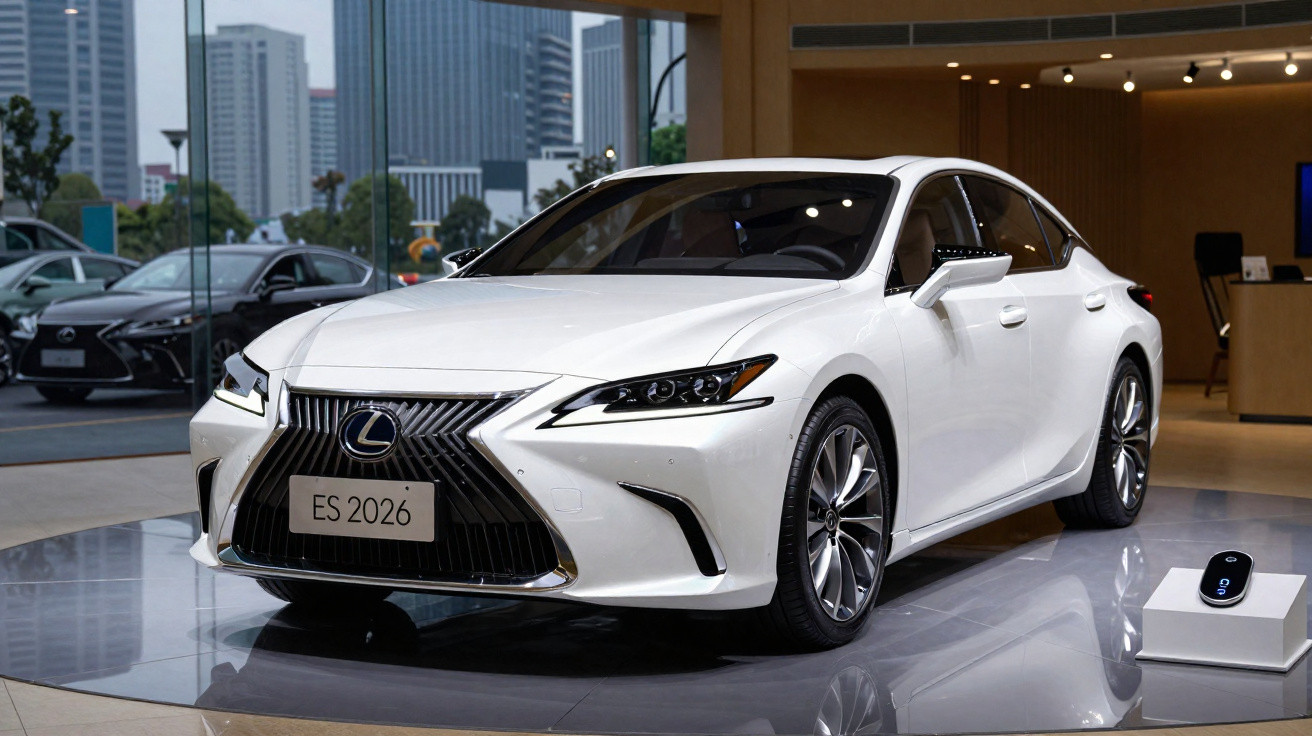 Carro branco Lexus ES 2026 em exposição em showroom moderno com prédios ao fundo.