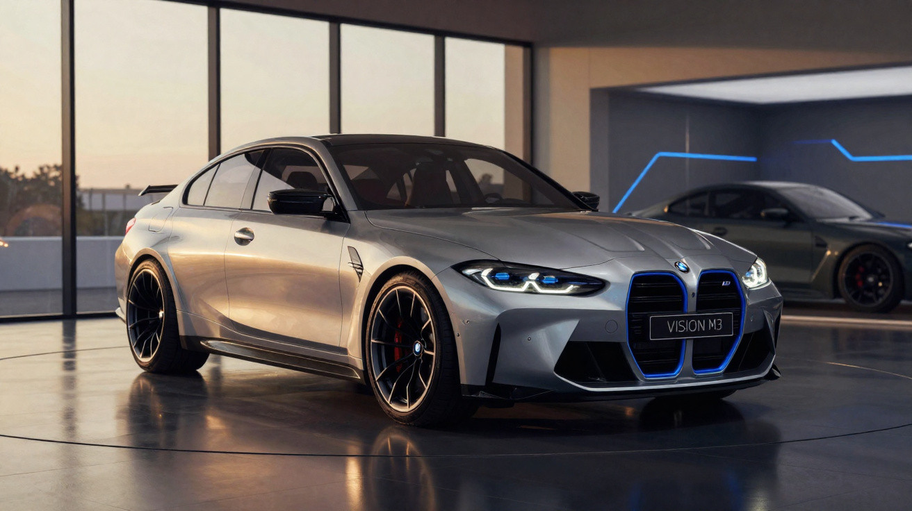 Carro esportivo BMW Vision M3 prata com detalhes azuis em ambiente interno moderno.