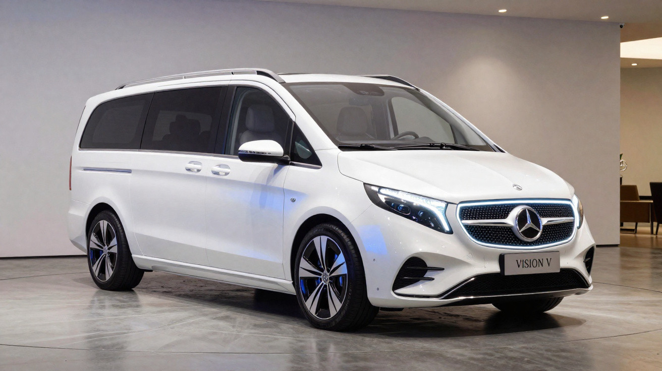 Van Mercedes-Benz branca estacionada em ambiente interno com luzes acesas.