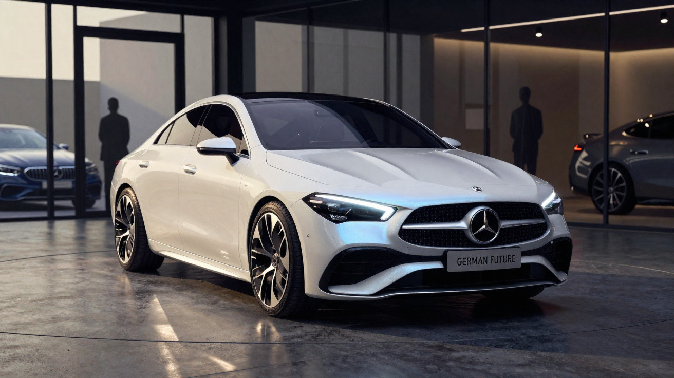 Carro sedan branco Mercedes-Benz estacionado em ambiente interno moderno com iluminação suave.