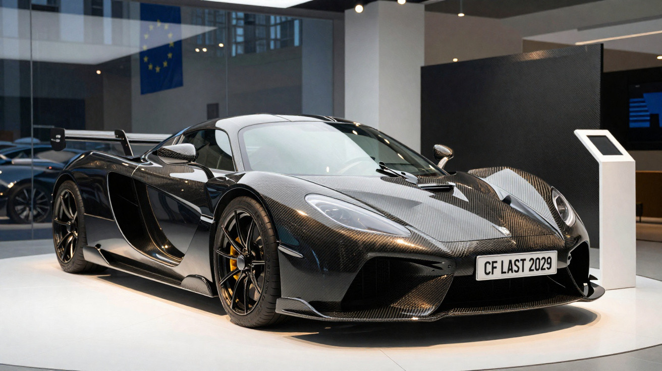 Carro esportivo preto com acabamento em fibra de carbono exibido em sala moderna com placa CF LAST 2029.