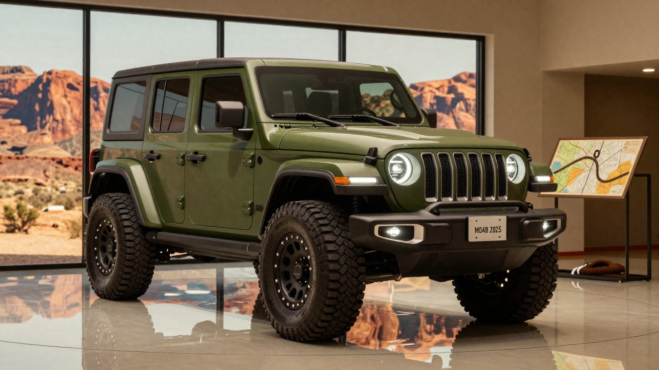 Jeep verde militar modelo 2025 estacionado em ambiente interno com janelas grandes mostrando paisagem desértica.