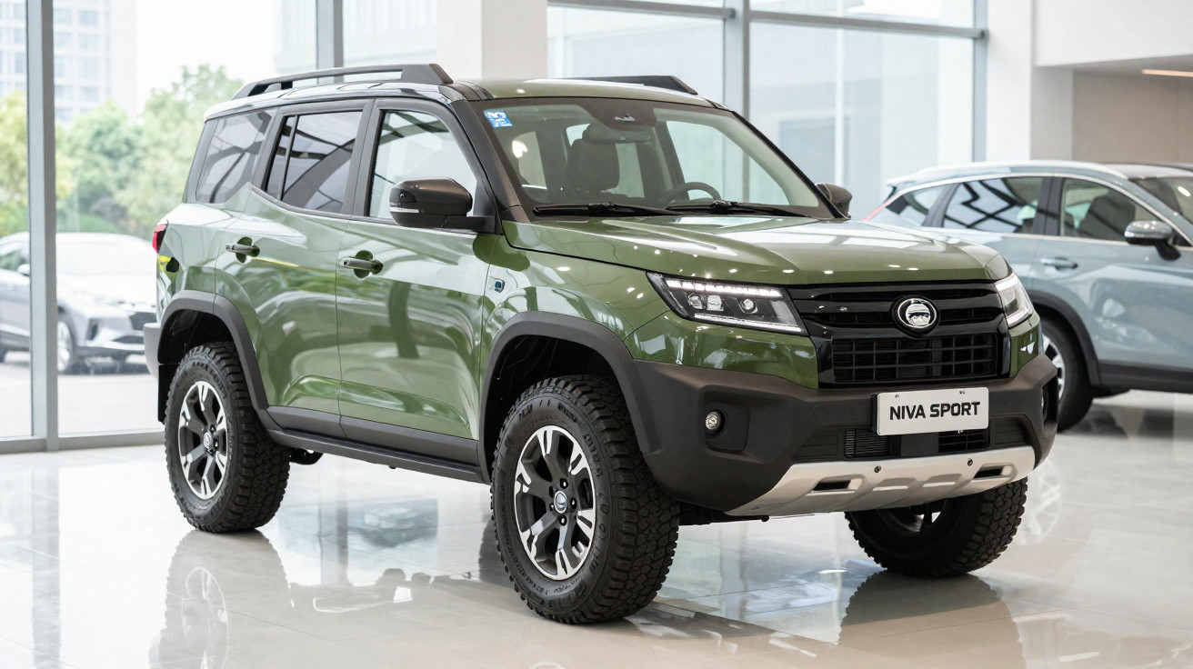 SUV verde Niva Sport em exposição dentro de showroom com piso refletivo e outras viaturas ao fundo.