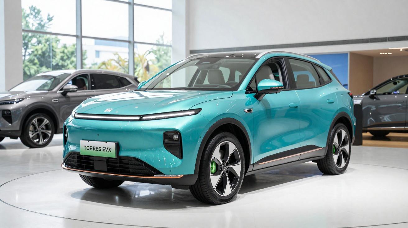 Carro elétrico SUV azul claro Torres EVX exibido em showroom moderno com iluminação natural.