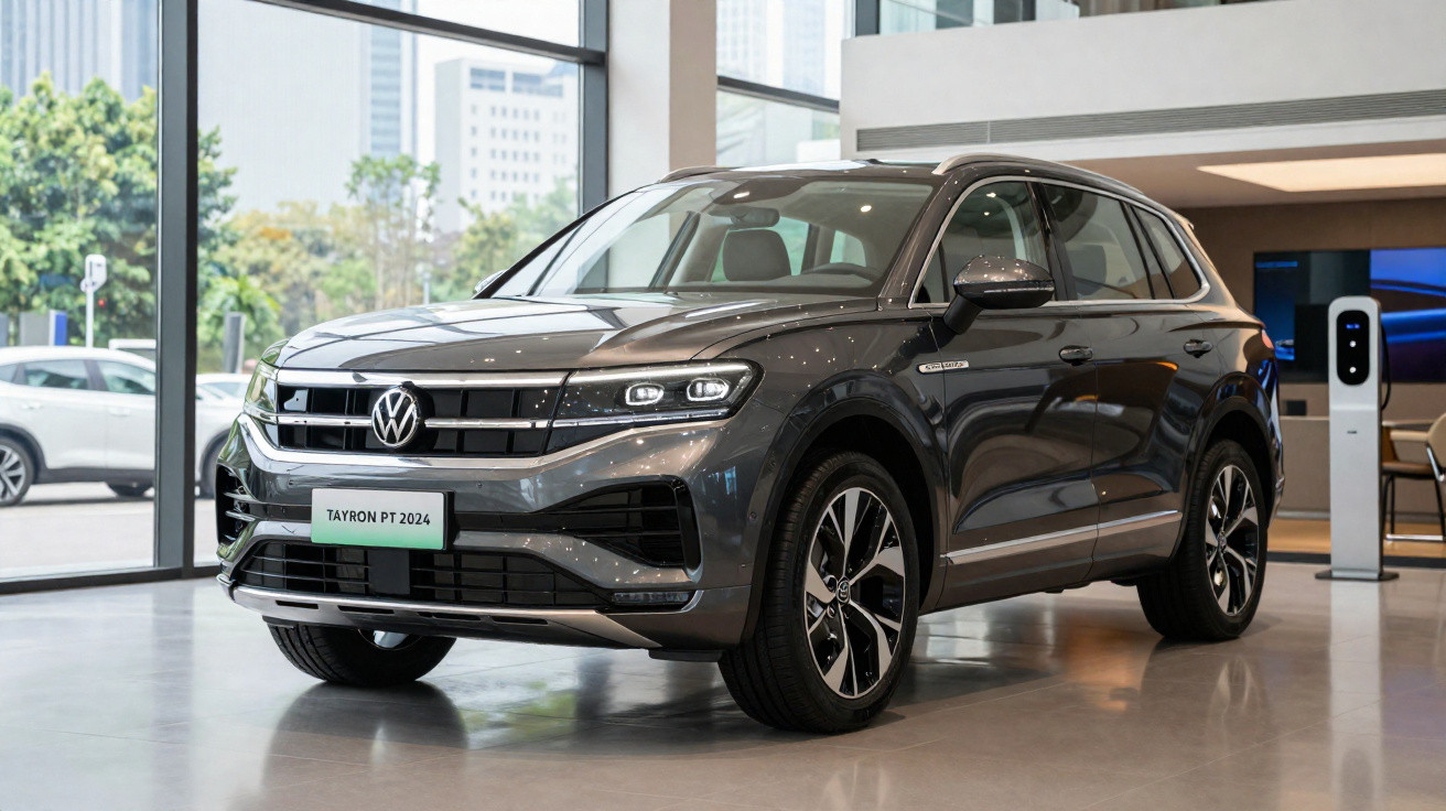 SUV Volkswagen Tayron PT 2024 cinza escuro exibido em showroom moderno com grandes janelas.