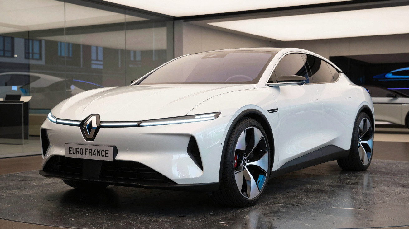 Carro elétrico branco da Renault exibido em showroom moderno com paredes de vidro.