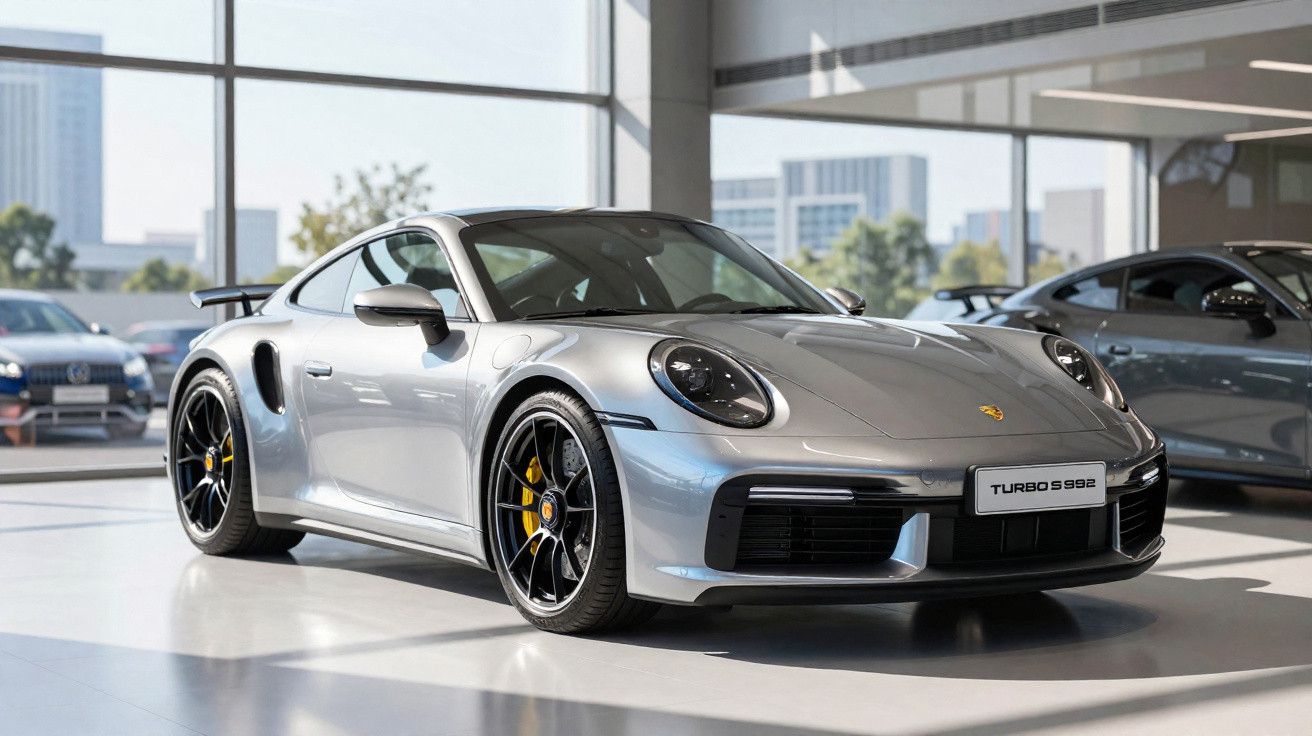 Carro esportivo Porsche 911 Turbo S prata exibido em showroom com grandes janelas e piso brilhante.