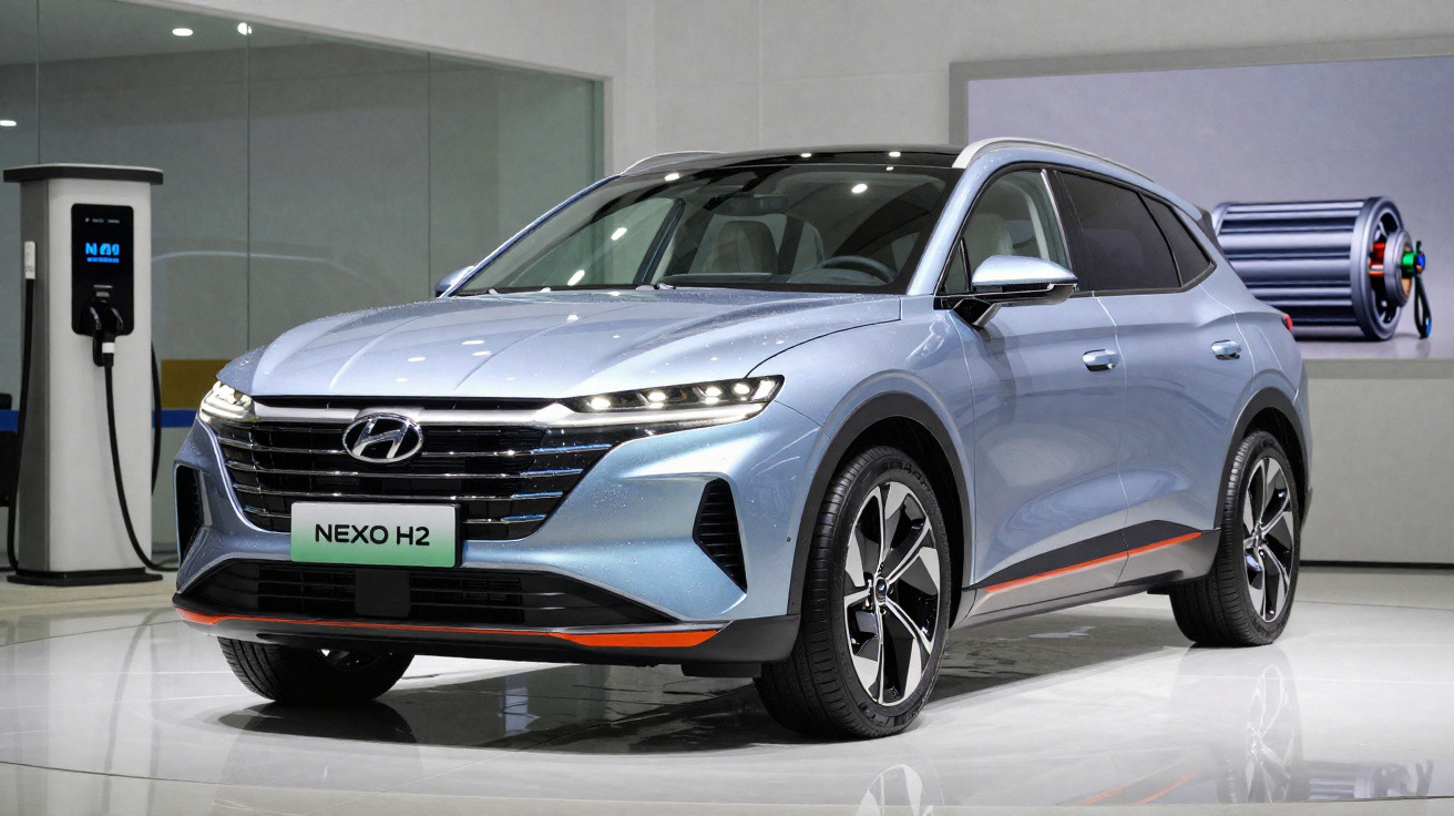 Carro Hyundai NEXO H2 azul claro exibido em showroom com carregador elétrico ao fundo.