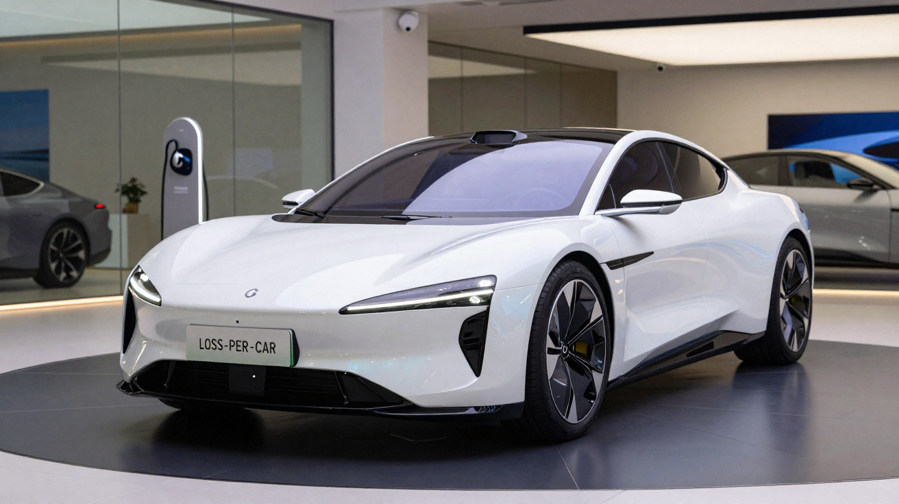 Carro elétrico esportivo branco exibido em showroom moderno com espelhos e iluminação indireta.