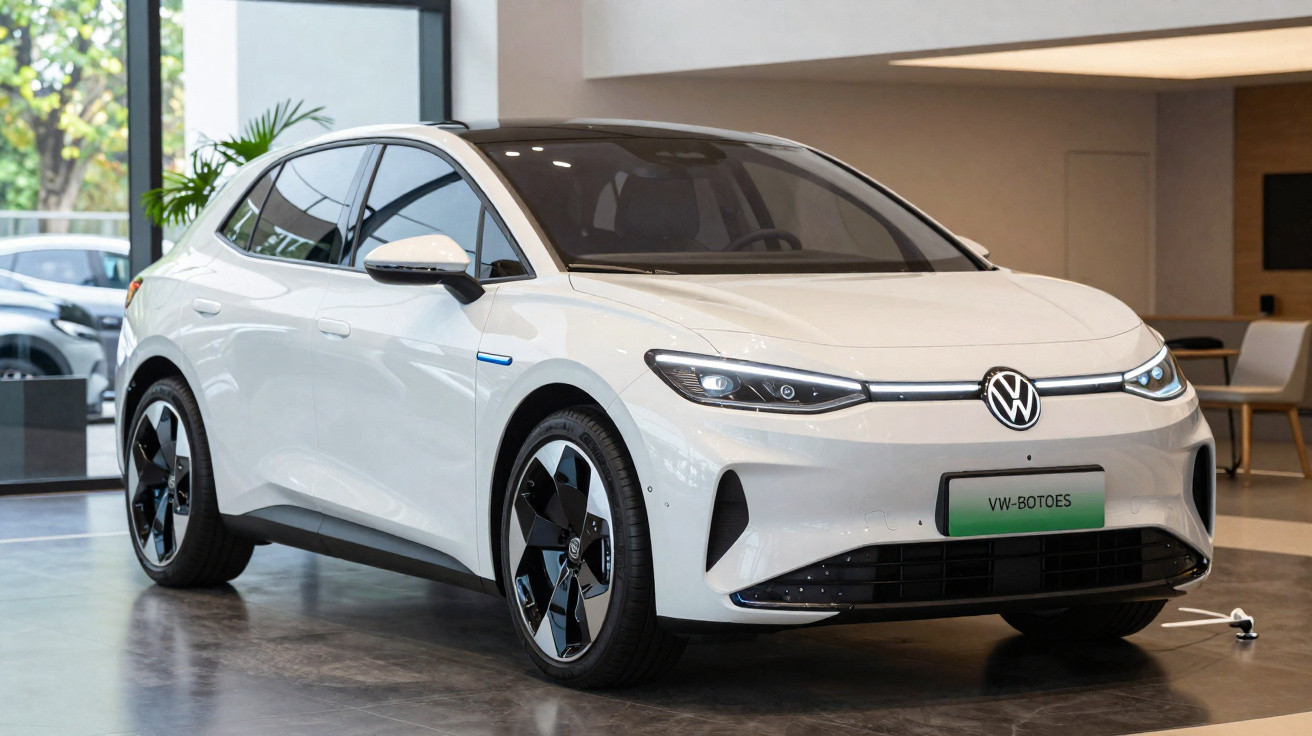 Carro elétrico branco Volkswagen ID. Aero exposto em showroom moderno com piso de cimento polido.