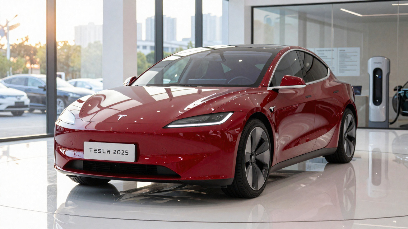 Carro elétrico Tesla 2025 vermelho exposto em showroom moderno com grandes janelas de vidro.
