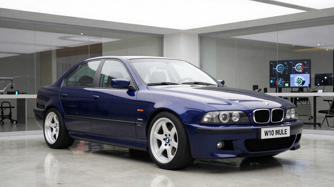 Carro BMW M5 E39 azul estacionado em ambiente interno moderno com paredes de vidro.