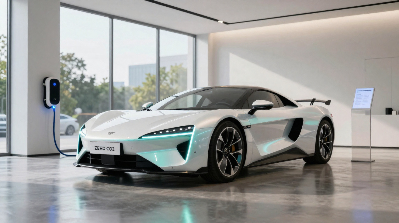 Carro esportivo elétrico branco estacionado em ambiente moderno com carregador na parede e placa "ZERO CO2".