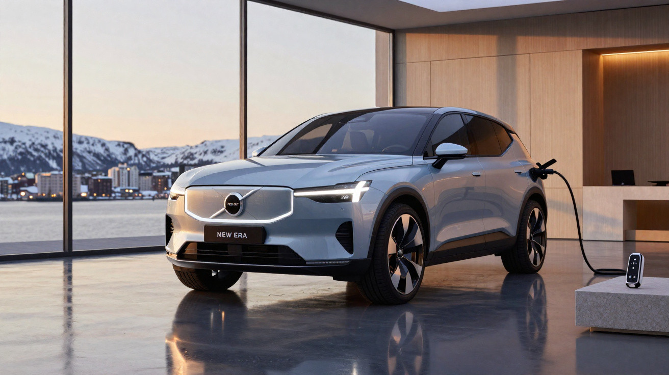 Carro elétrico Volvo New Era cinza carregando em estação interna com vista para montanhas e cidade ao fundo.