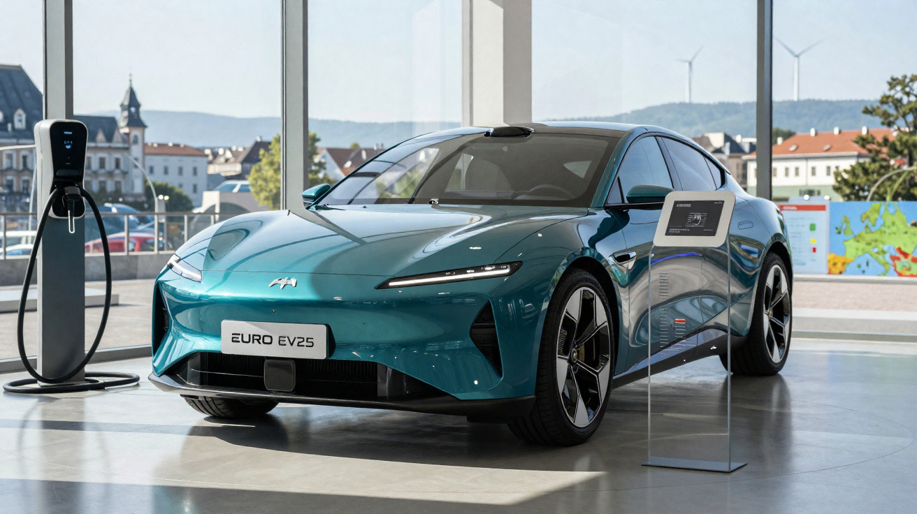 Carro elétrico azul Euro EV25 exibido em showroom moderno com carregador ao lado e vista externa.