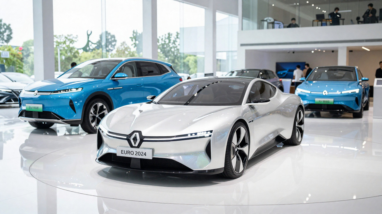 Carros elétricos Renault expostos em showroom moderno com destaque para modelo esportivo prata Euro 2024.