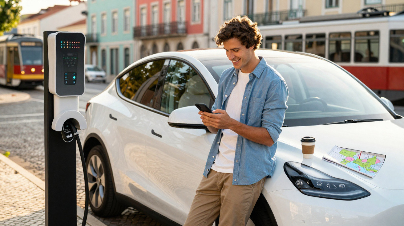 Jovem usando celular e carregando carro elétrico branco em estação na cidade, com mapa e café no capô.