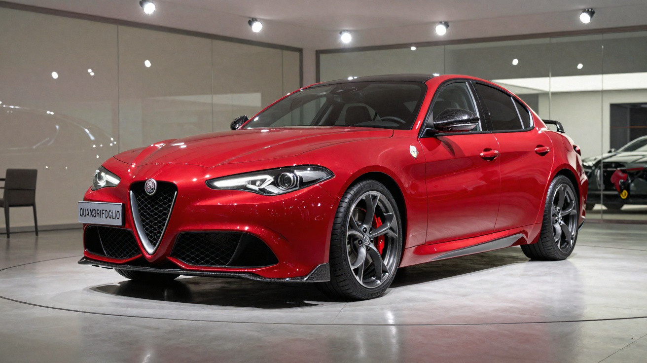 Carro esportivo Alfa Romeo vermelho exibido em showroom com piso branco e paredes de vidro.