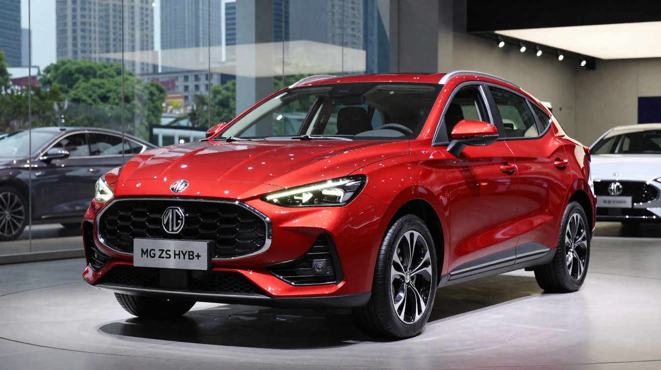 Carro SUV vermelho MG ZS HYB+ exposto em showroom moderno com vidro e iluminação.