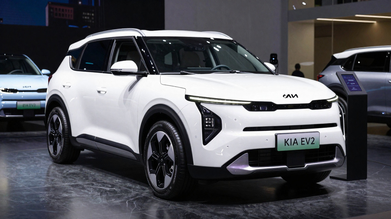 Carro elétrico branco Kia EV2 exibido em salão automotivo com iluminação interna e piso cinza.