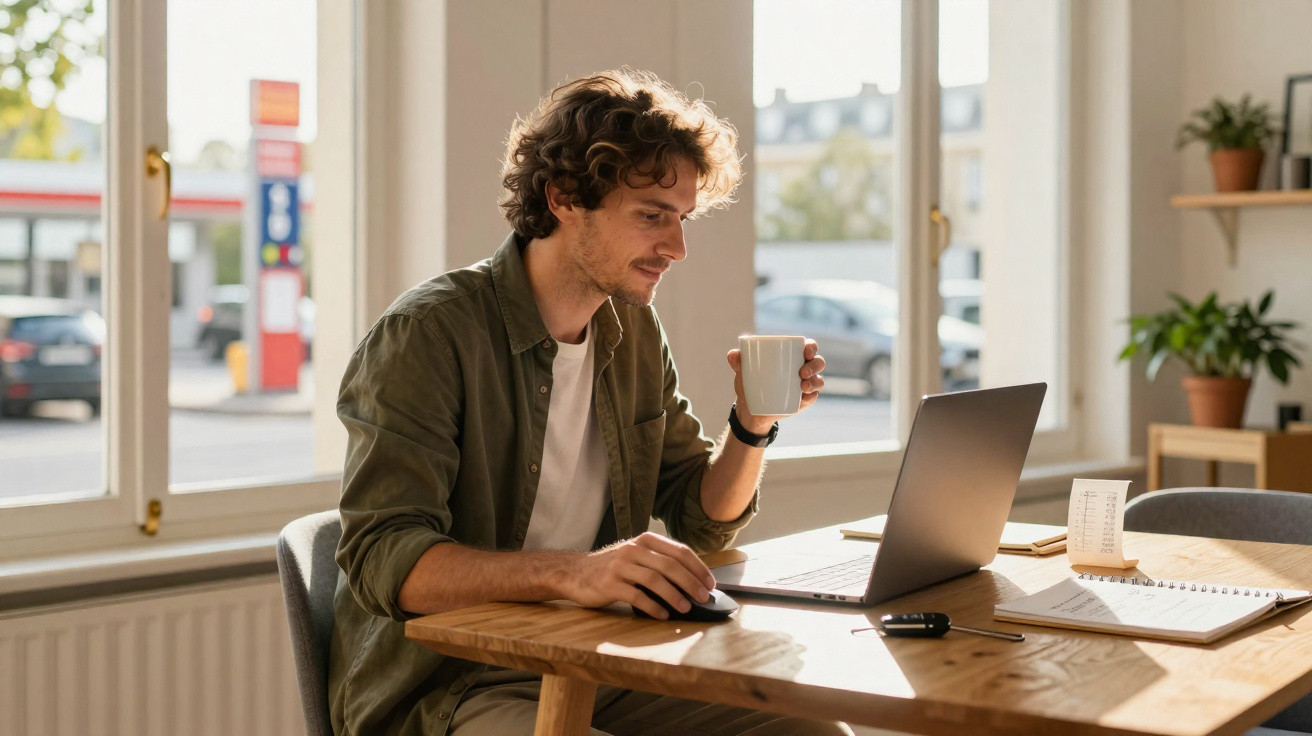 Homem sentado em mesa de madeira usando notebook e segurando xícara de café em ambiente iluminado.