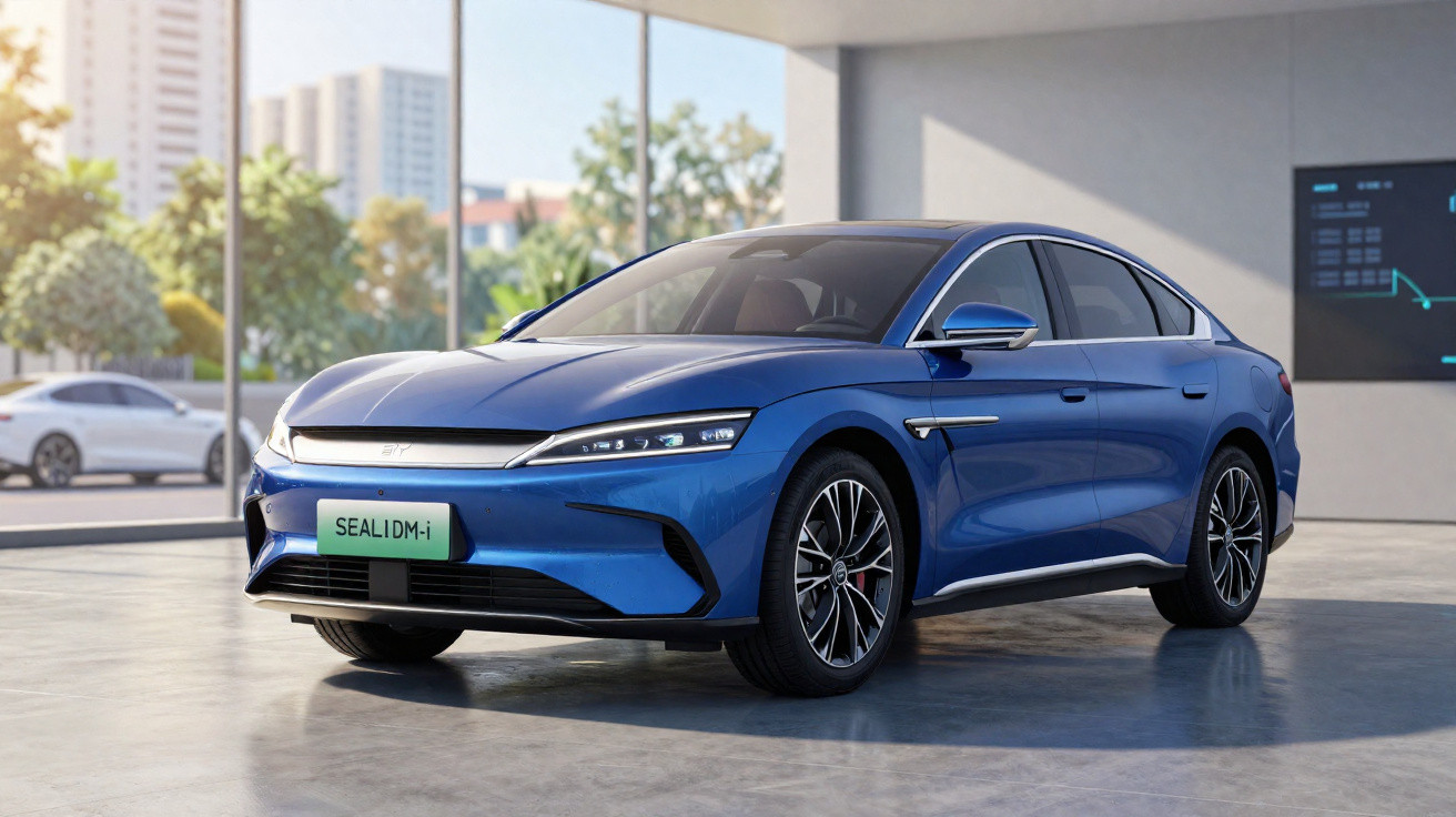 Carro elétrico azul estacionado em ambiente moderno com janelas grandes e iluminação natural.