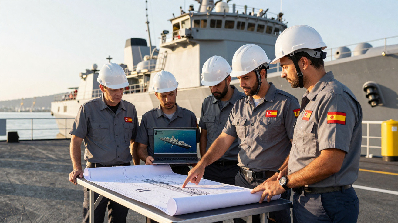 Cinco homens com capacetes brancos analisam plantas e imagens de navio ao ar livre, com navio ao fundo.